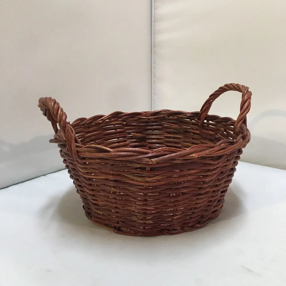 Woven Wicker Basket Home Decor Small Brown Round Dual Handles Cottagecore Boho